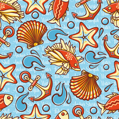 Marine seamless pattern with colorful figures. Fish and tools. Sea and river inh