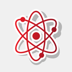 Atom sign illustration. Vector. New year reddish icon with outside stroke and gray shadow on light gray background.