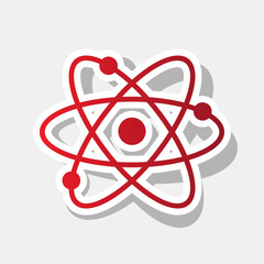 Atom sign illustration. Vector. New year reddish icon with outside stroke and gray shadow on light gray background.
