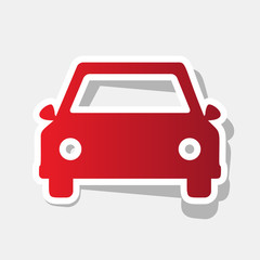 Car sign illustration. Vector. New year reddish icon with outside stroke and gray shadow on light gray background.