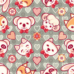 Cute pets. Seamless pattern. Colorful background with characters.