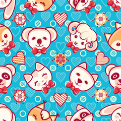 Cute pets. Seamless pattern. Colorful background with characters.