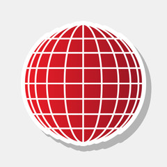Earth Globe sign. Vector. New year reddish icon with outside stroke and gray shadow on light gray background.