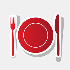 Fork, Knife and Plate sign. Vector. New year reddish icon with outside stroke and gray shadow on light gray background.