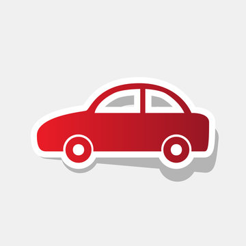 Car sign illustration. Vector. New year reddish icon with outside stroke and gray shadow on light gray background.