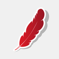Feather sign illustration. Vector. New year reddish icon with outside stroke and gray shadow on light gray background.