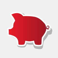 Pig money bank sign. Vector. New year reddish icon with outside stroke and gray shadow on light gray background.