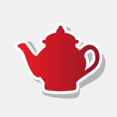 Tea maker sign. Vector. New year reddish icon with outside stroke and gray shadow on light gray background.