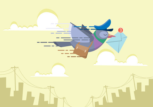 pigeon postman flying over the sky sending email concept flat vector illustration