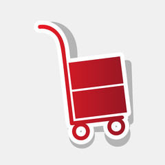Hand truck sign. Vector. New year reddish icon with outside stroke and gray shadow on light gray background.
