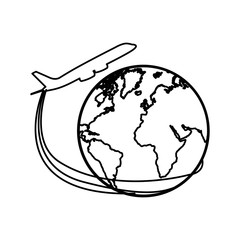 silhouette airplane around earth world icon vector illustration