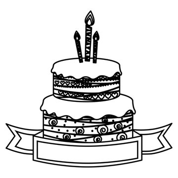 sketch silhouette birthday cake two floors with candles and ribbon vector illustration