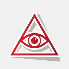 All seeing eye pyramid symbol. Freemason and spiritual. Vector. New year reddish icon with outside stroke and gray shadow on light gray background.