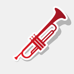Musical instrument Trumpet sign. Vector. New year reddish icon with outside stroke and gray shadow on light gray background.