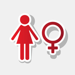 Female sign illustration. Vector. New year reddish icon with outside stroke and gray shadow on light gray background.