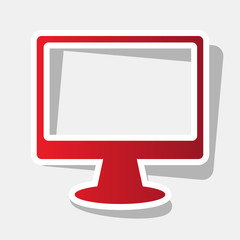 Monitor with brush sign. Vector. New year reddish icon with outside stroke and gray shadow on light gray background.