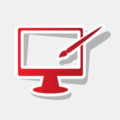 Monitor with brush sign. Vector. New year reddish icon with outside stroke and gray shadow on light gray background.