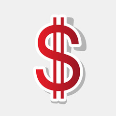 United states Dollar sign. Vector. New year reddish icon with outside stroke and gray shadow on light gray background.