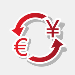 Currency exchange sign. Euro and Japan Yen. Vector. New year reddish icon with outside stroke and gray shadow on light gray background.