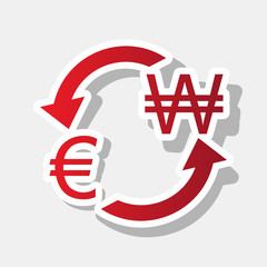 Currency exchange sign. Euro and South Korea Won. Vector. New year reddish icon with outside stroke and gray shadow on light gray background.