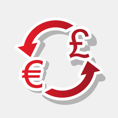 Currency exchange sign. Euro and UK Pound. Vector. New year reddish icon with outside stroke and gray shadow on light gray background.