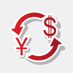 Currency exchange sign. China Yuan and US Dollar. Vector. New year reddish icon with outside stroke and gray shadow on light gray background.