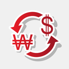 Currency exchange sign. South Korea Won and US Dollar. Vector. New year reddish icon with outside stroke and gray shadow on light gray background.