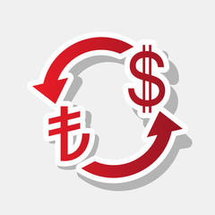 Currency exchange sign. Turkey Lira and US Dollar. Vector. New year reddish icon with outside stroke and gray shadow on light gray background.