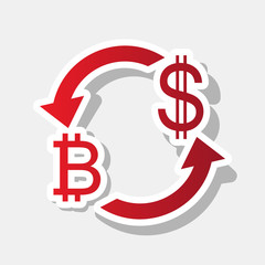 Currency exchange sign. Bitcoin and US Dollar. Vector. New year reddish icon with outside stroke and gray shadow on light gray background.