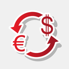 Currency exchange sign. Euro and US Dollar. Vector. New year reddish icon with outside stroke and gray shadow on light gray background.
