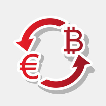 Currency exchange sign. Euro and Bitkoin. Vector. New year reddish icon with outside stroke and gray shadow on light gray background.