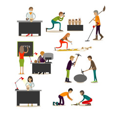 Vector set of archaeologists engaged in research, excavations, flat style