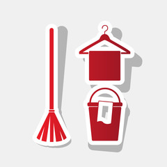 Broom, bucket and hanger sign. Vector. New year reddish icon with outside stroke and gray shadow on light gray background.