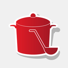 Pan with steam sign. Vector. New year reddish icon with outside stroke and gray shadow on light gray background.