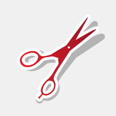 Hair cutting scissors sign. Vector. New year reddish icon with outside stroke and gray shadow on light gray background.