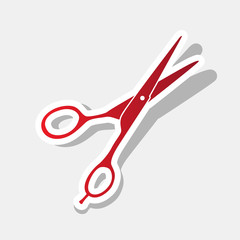 Hair cutting scissors sign. Vector. New year reddish icon with outside stroke and gray shadow on light gray background.