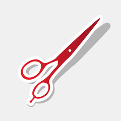 Hair cutting scissors sign. Vector. New year reddish icon with outside stroke and gray shadow on light gray background.