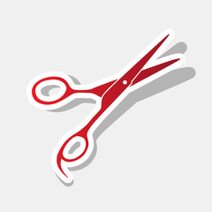 Hair cutting scissors sign. Vector. New year reddish icon with outside stroke and gray shadow on light gray background.