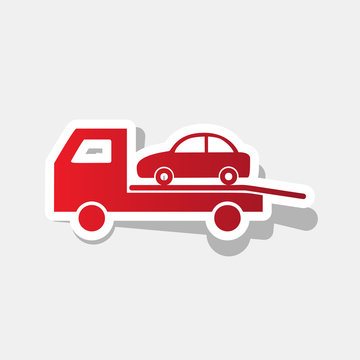 Tow car evacuation sign. Vector. New year reddish icon with outside stroke and gray shadow on light gray background.