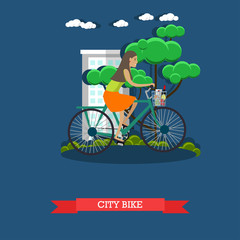 Vector illustration of a girl riding city bike, flat style