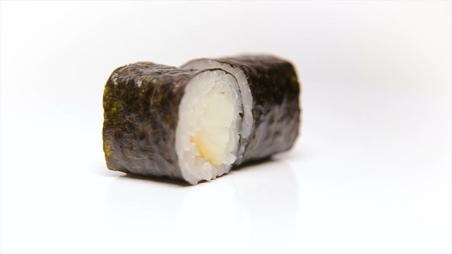 Smoked squid sura maki roll. Traditional Japanese food sushi rolls isolated on white background
