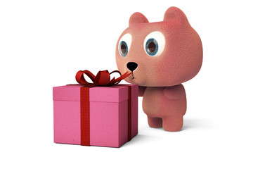 A cute little bear viewing a gift box,3D rendering.