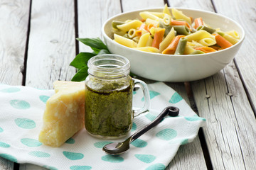 Classic basil pesto sauce with parmesan. Italian cuisine. Spring menu. Easter dinner. 