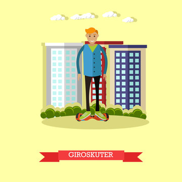 Vector illustration of young man riding gyroscooter in flat style.