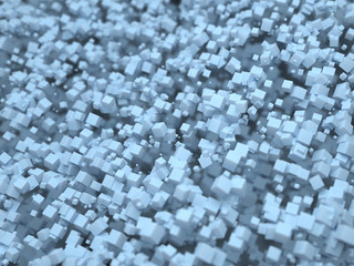 Futuristic abstract 3d illustration of flying cubes. Chaotic low poly particles in the fantastic space. High technology concept. Background modern digital design.