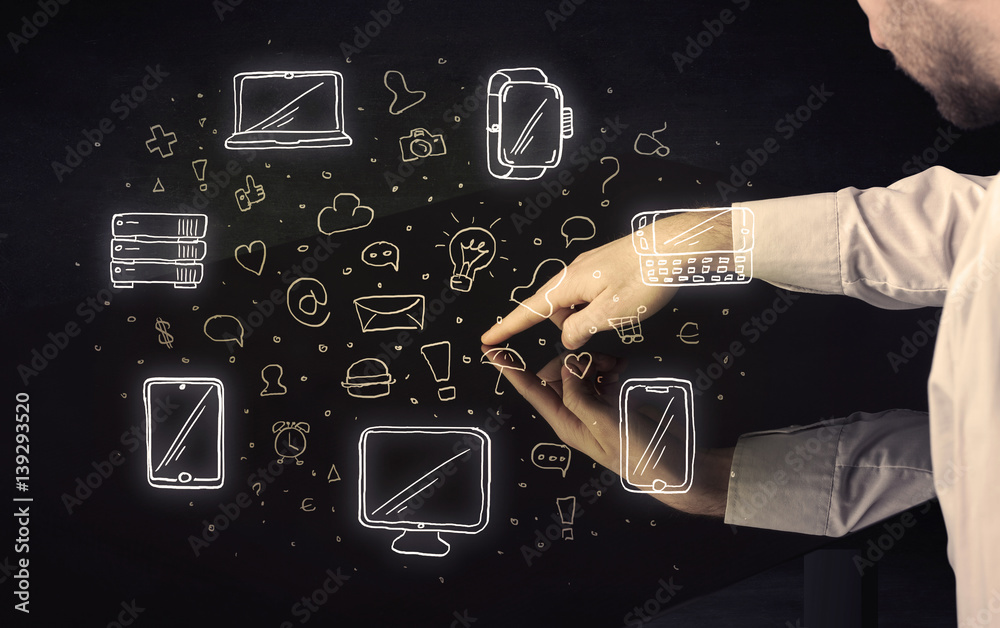 Poster Man pressing table tablet hand touch interface with media icons