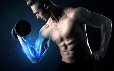 Fit athlete lifting weight with blue muscle light concept
