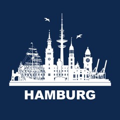 Hamburg  Skyline Schattenriss Denkmäler Kultur Sehenwürdigkeiten Industrie Museen Wandtatoo Tatoo Umriss Stadtansicht Hafen Architektur