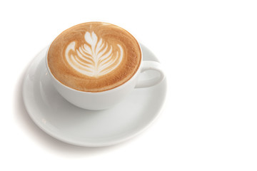 Coffee cup of rosetta latte art on white background isolated