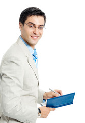 Businessman with notepad, over white